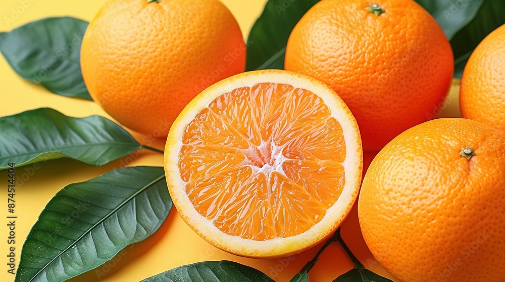 Poster a cluster of oranges resting on a yellow background with surrounding green foliage