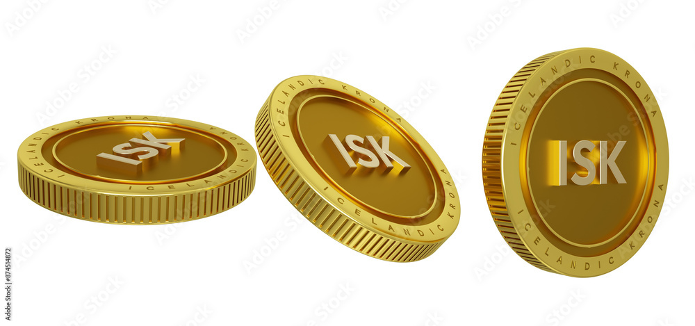 Poster icelandic krona iso currency code on gold coin isolated on transparent background, 3d rendering of s