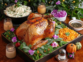 Sumptuous roasted turkey centerpiece with colorful sides for festive feast