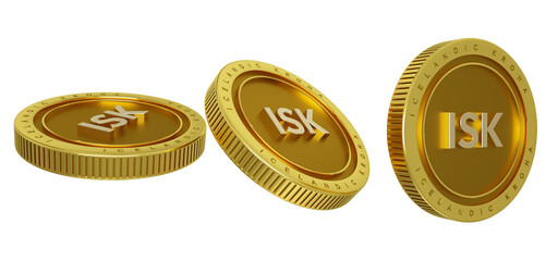 Icelandic krona iso currency code on gold coin isolated on transparent background, 3D rendering of set of abstract golden icelandic krona coins concept in different angles.
