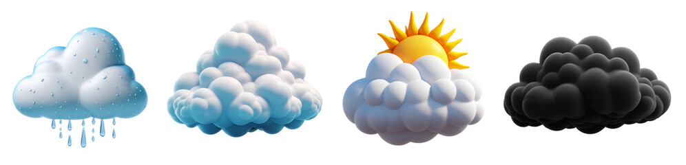 Weather Clouds Forecast 3D Icon Set. Clear skies, cloudy day, storms, rainy day clouds