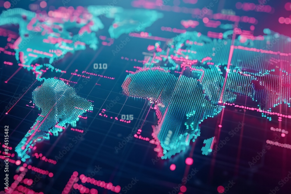 Poster abstract graphic world map illustration on blue background, big data and networking concept. 3d rend