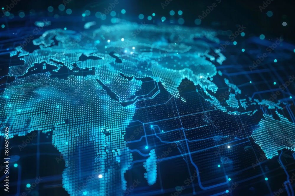 Poster abstract graphic world map illustration on blue background, big data and networking concept. 3d rend