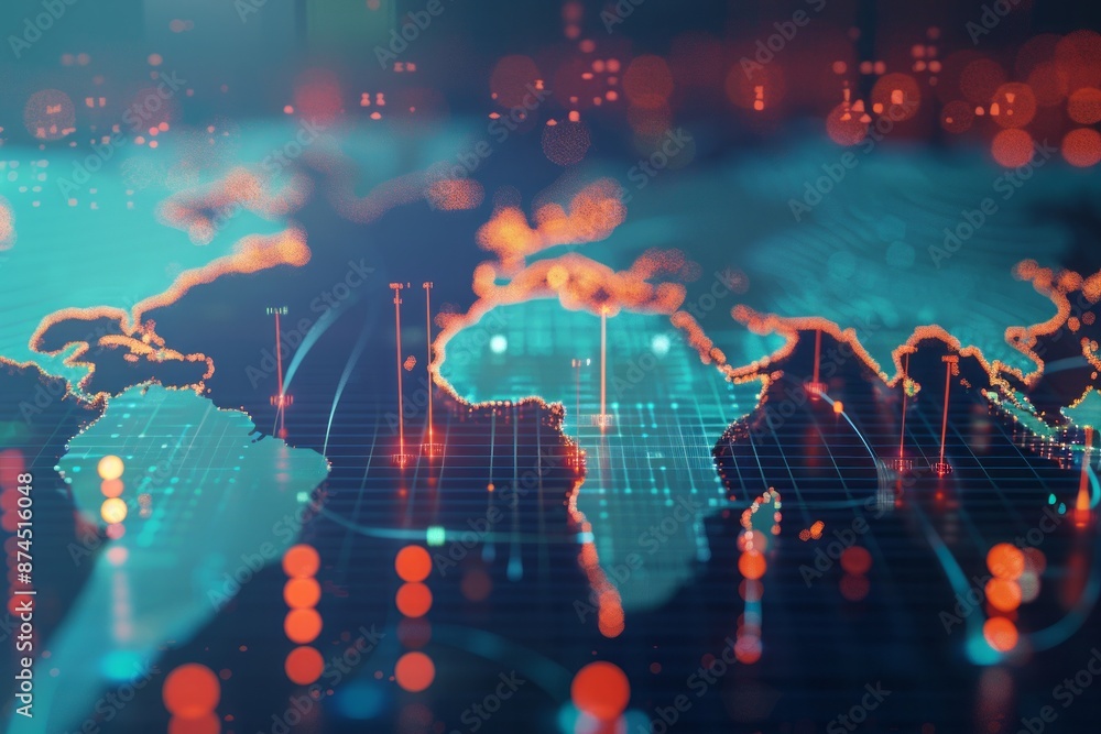 Poster abstract graphic world map illustration on blue background, big data and networking concept. 3d rend