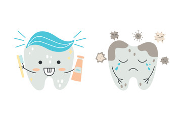 Fototapeta premium Illustration featuring tooth characters: one healthy, smiling tooth and another sad tooth with cavities. Ideal for dental care education, children's materials, and health promotions.