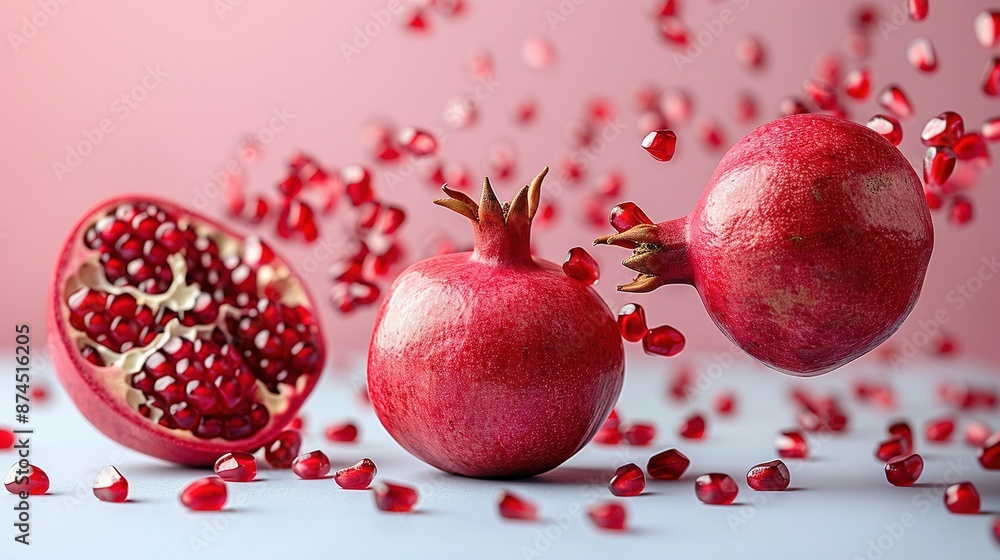 Poster   A pair of pomegranates resting atop a table alongside a collection of additional pomegranates