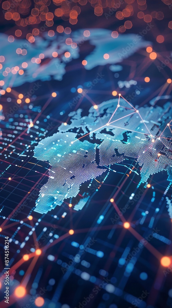Poster abstract graphic world map illustration on blue background, big data and networking concept. 3d rend
