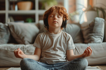 Obraz premium Small boy practicing yoga at home, sitting in easy seat pose, her eyes closed, meditation
