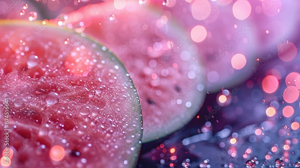 Poster a focused image of a watermelon slice with droplets and hazy surroundings