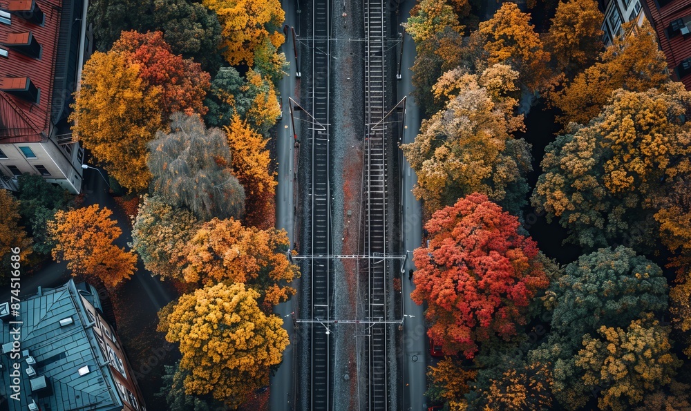 Poster a train track with trees in the background