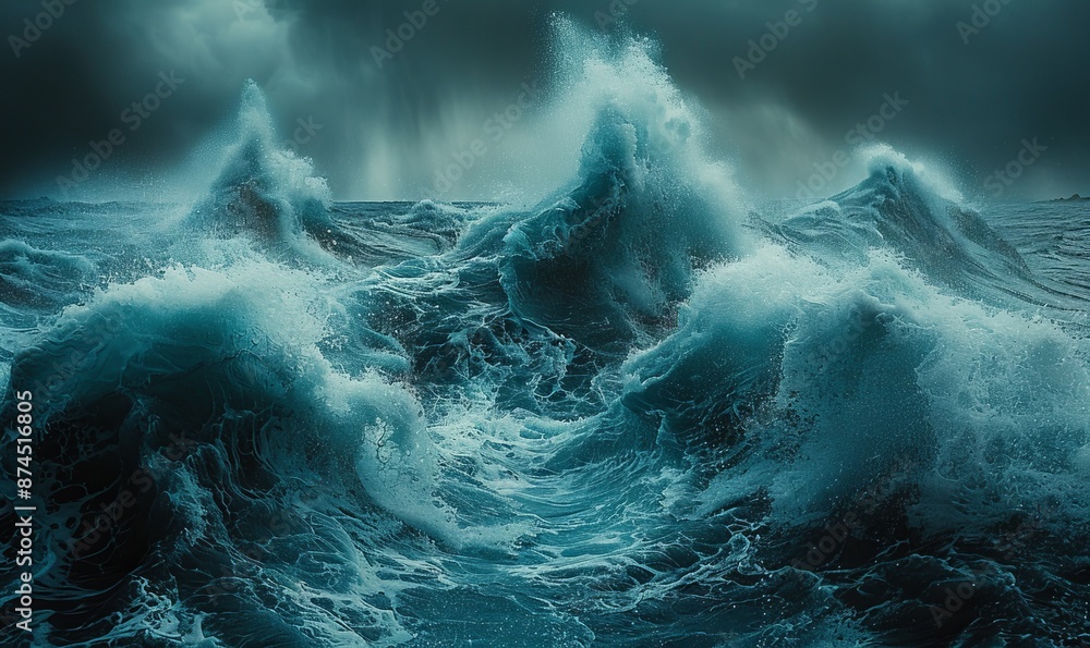 Poster seas with waves crashing into each other, and placing between them a barrier and a veil