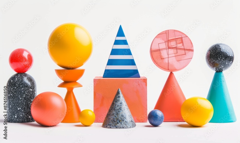 Poster set of colorful objects of different geometric shapes balancing while placed on white background