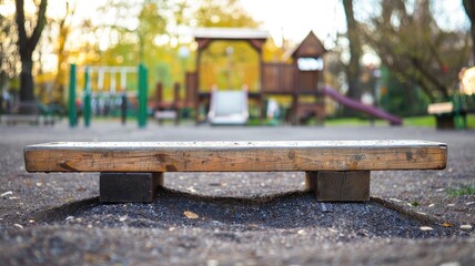 Wooden balance beam in park with playground equipment background
