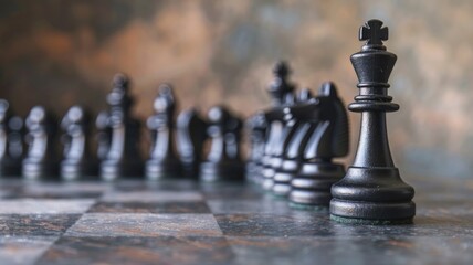 Chess pieces on board, focusing black king