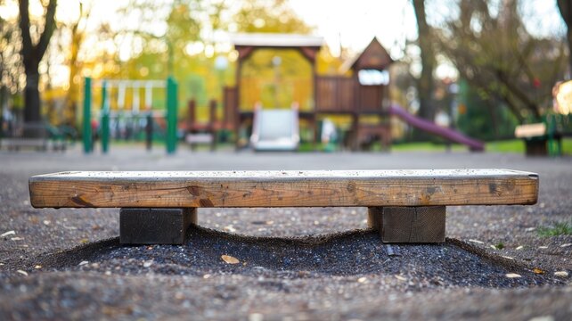 Wooden balance beam in park with playground equipment background - Powered by Adobe