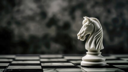 White knight chess piece on black and white board