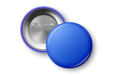 Vector 3d Realistic Blue Blank Round Button Badge Closeup, Isolated. ID Badge Design Template, Mockup. Design Template for Access Pass, Identification, Events. Front, Back Side View