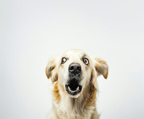 Extreme close up of funny shocked surprised labrador dog with opened wide eyes on white background.
