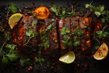 grilled meat and vegetables and herbs cooked on fire as a barbecue, roast in a frying pan, delicious food