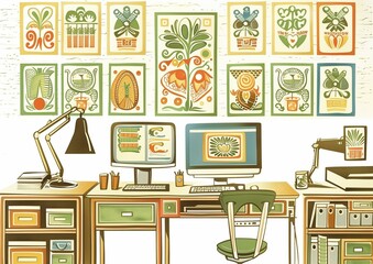 Stylish Home Office Illustration with Art Prints, Dual Monitors, and Desk Organizer in Retro Colors