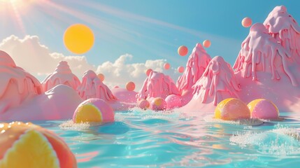 A surreal summer landscape with melting ice cream mountains, floating beach balls, and abstract sun rays.