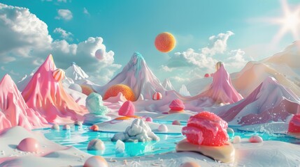 A surreal summer landscape with melting ice cream mountains, floating beach balls, and abstract sun rays.