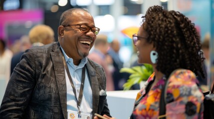 Obraz premium Man and Woman Smiling at a Conference. Generative AI