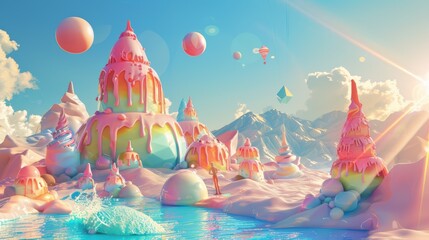 A surreal summer landscape with melting ice cream mountains, floating beach balls, and abstract sun rays.