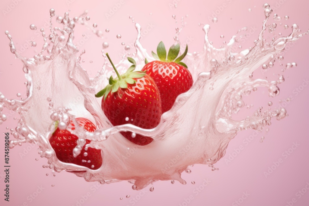 Poster close-up image capturing the dynamic splash of milk around ripe strawberries on a pink background