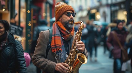 Obraz premium Street musician playing saxophone in busy city street with people walking