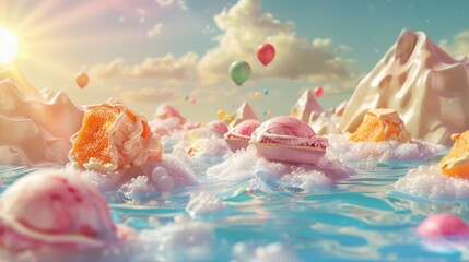 A surreal summer landscape with melting ice cream mountains, floating beach balls, and abstract sun rays.