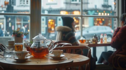 Cozy cafe with tea set on a wooden table, people outside in blurred background, showing a warm and inviting atmosphere.