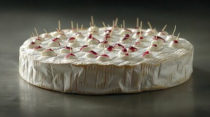  Cake with white frosting, red and white candies, and toothpicks
