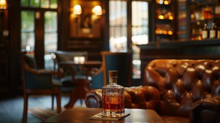 Fototapeta premium Cozy vintage bar with bottle of whiskey on table. Dim lighting and classic decor create warm, inviting atmosphere. Perfect for relaxation and conversation.