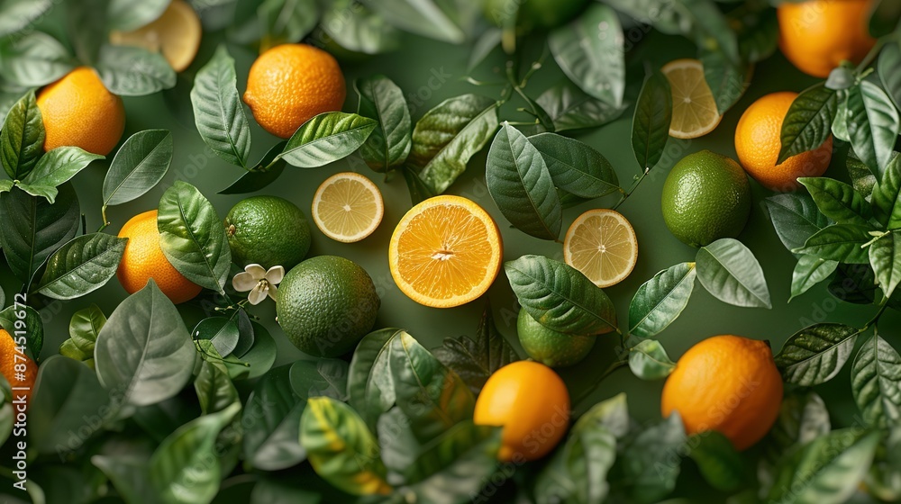 Poster oranges, limes, and leaves arranged in a pattern on a green background with the leaves and oranges c