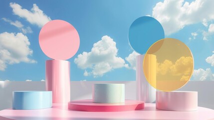 3D cylinder podiums in pink, yellow, blue, and white with a blue sky in a rounded mirror glass. Minimalistic wall scene for product showcases, promotions, and display. Abstract geometric shapes.