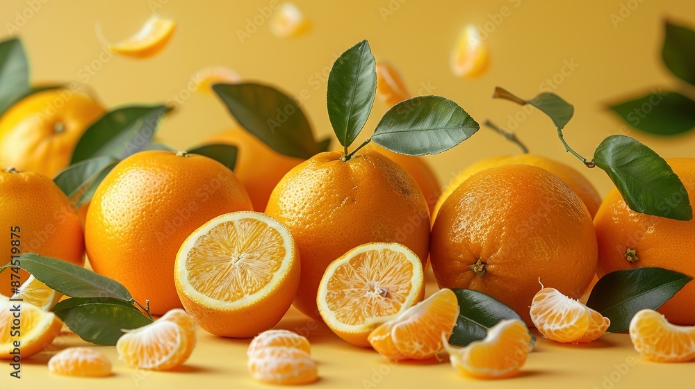 Aufkleber a collection of oranges resting atop a table alongside oranges with foliage attached