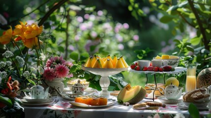 Fototapeta premium Elegant garden brunch table with fresh fruits and sweets