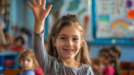 Young Girl Raises Hand in Elementary School Classroom. Generative AI