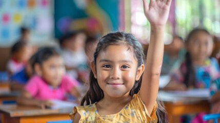 Young Girl Raises Hand in Classroom During Lesson. Generative AI