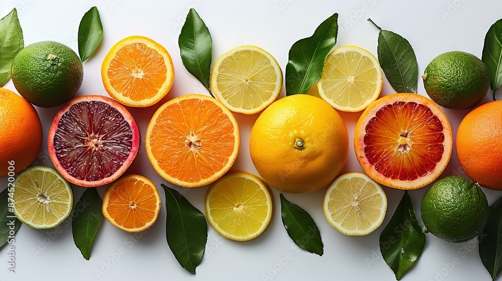 Poster an array of oranges, lemons, and grapefruits arranged on a white background