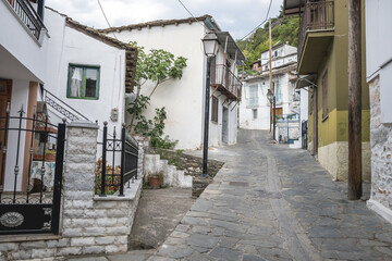 Narrow streets and old houses of the village of Panagia on the island of Thasos, Greece