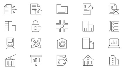 Infrastructure line web icon set. Transport, road, mall, airport, police, school, park, water, skyscraper, car service, highway, clinic, ladder, hotel,  outline icon collection. UI thin outline icons