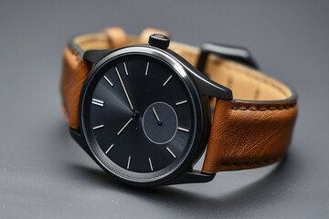 Elegant men's smarttwatch with a leather strap and classic dial on a monochrome gray background. Black turned off display. The watch is positioned at an angle to highlight its design. Copy space.