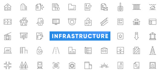 Infrastructure line web icon set. Transport, road, mall, airport, police, school, park, water, skyscraper, car service, highway, clinic, ladder, hotel,  outline icon collection. UI thin outline icons
