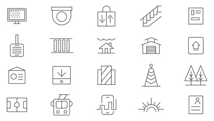 Infrastructure line web icon set. Transport, road, mall, airport, police, school, park, water, skyscraper, car service, highway, clinic, ladder, hotel,  outline icon collection. UI thin outline icons