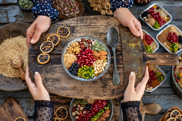Ashure dessert with legumes and dried fruits named aşure or asure . Noah’s pudding in the bowl. 