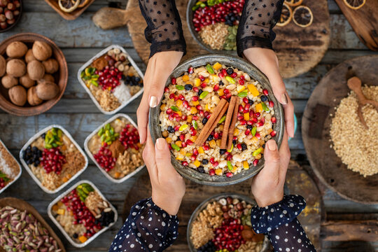 Ashure dessert with legumes and dried fruits named aşure or asure . Noah&rsquo;s pudding in the bowl. 
