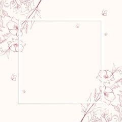Floral banner with leaves and branches with white frame border. 