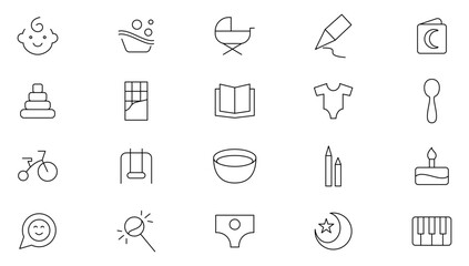 Child care line icon set. Care, support, safety, baby, awareness, parenthood, international children day, kid rights, parenthood outline icon collection. UI thin outline icons pack.